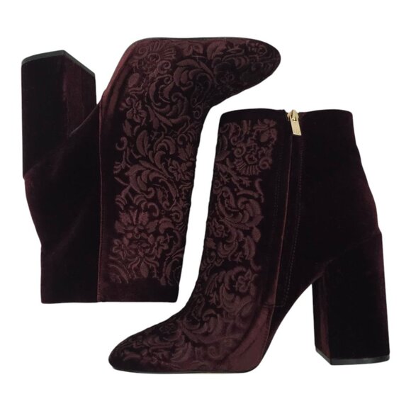 Jessica Simpson Wovella Velvet Embroidered Ankle Boots Women 9 Maroon Wine Block - Picture 9 of 16